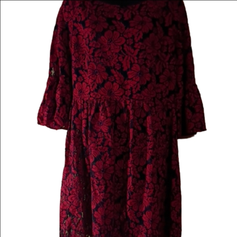 Handmade? Black / Red Floral Lace Dress. Flowy, Whimsy Goth, Bell Sleeves.